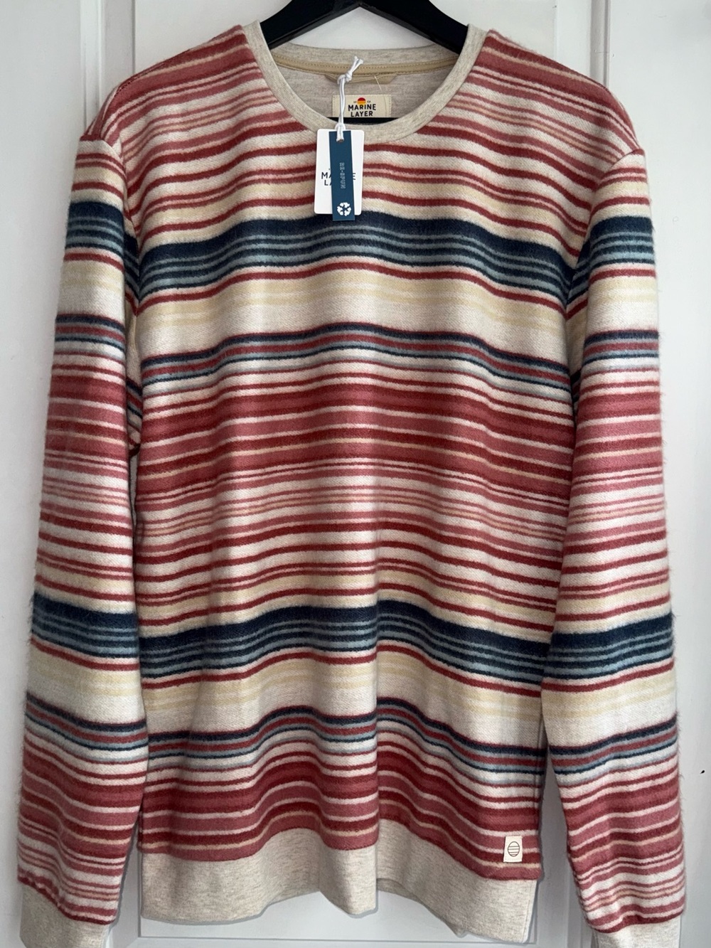 NWT Marine Layer Fleece Out Crewneck Sweatshirt in Oatmeal Multi-Stripe - Picture 3 of 11